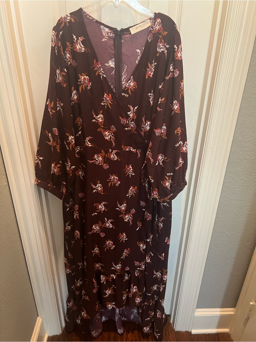 A Beautiful Soul Floral Faux Wrap Belted Tie Dress 3/4 Sleeve V-Neck 22-24